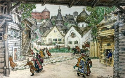 Oprichnik, by Apollinary Vasnetsov (1856-1933) The street in the town: the set to “Oprichnik” by Pyotr Tchaikovsky 1911, paper, water-colour, charcoal, 52 x 83,2 cm State Theatrical Bakhrushin Museum, Moscow