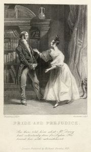 This is one of the two earliest illustrations of Pride and Prejudice. The clothing styles reflect the time the illustration was engraved (the 1830s), not the time the novel was written or set.